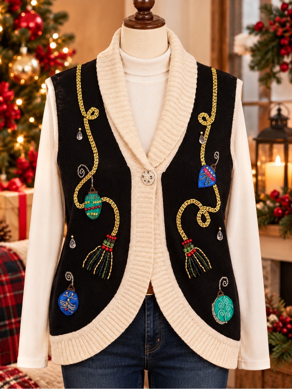 Liss International Women’s Embellished Christmas Sweater Vest Holiday Ornaments